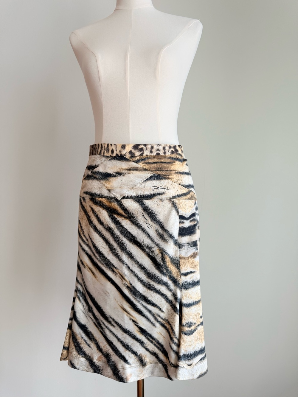Just Cavalli Tiger-Stripe A-Line Skirt in Beige, Black and Cream
